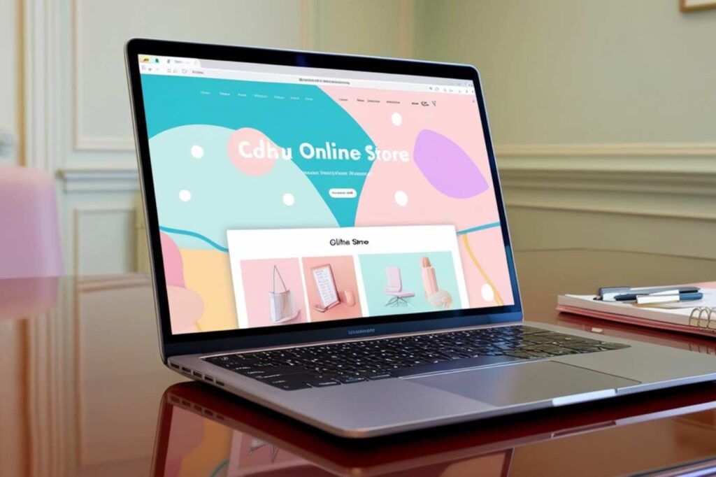 Open laptop displaying a colourful online product storefront.