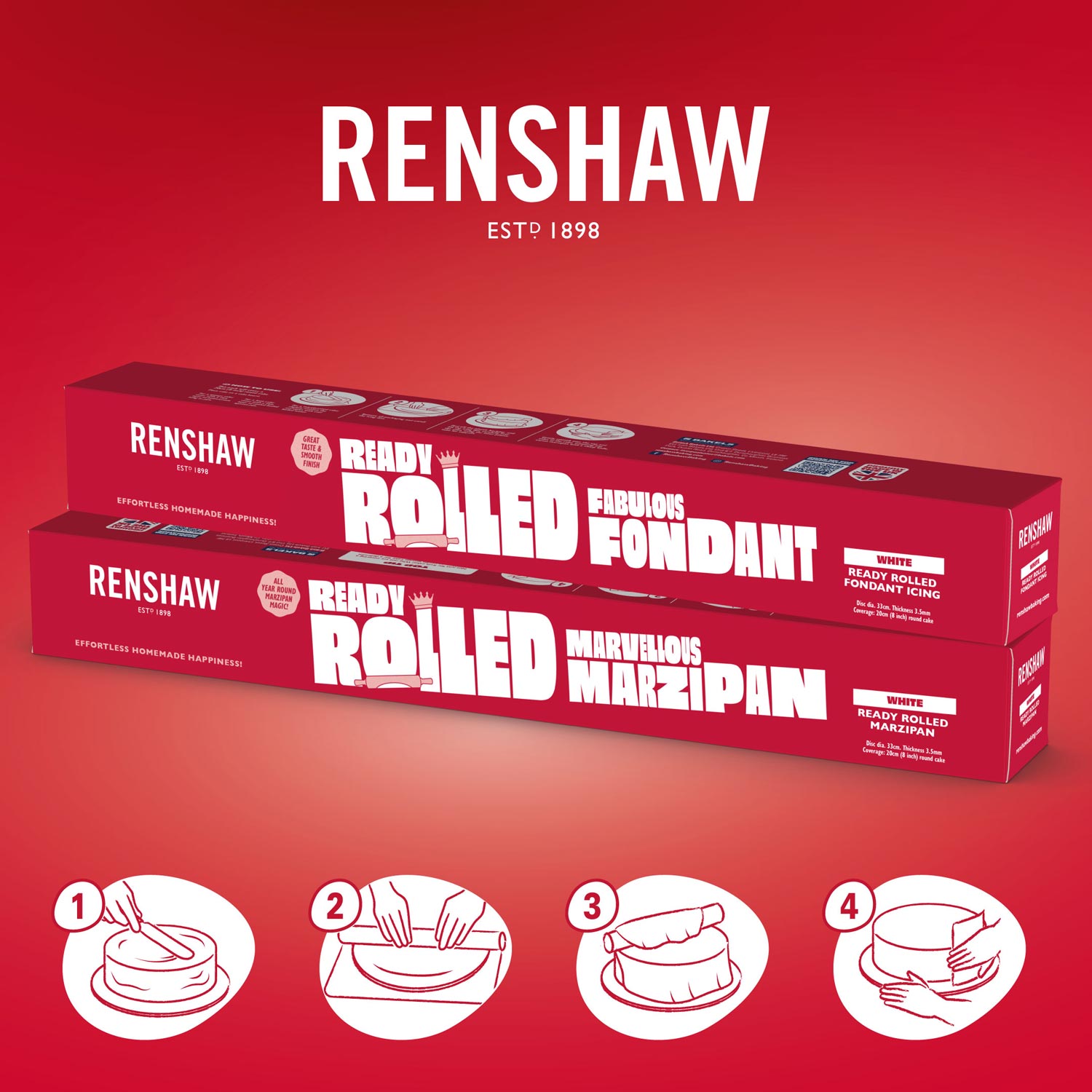 Renshaw Ready to Roll Marzipan in red packaging displayed upright beside a neatly finished marzipan-covered cake.