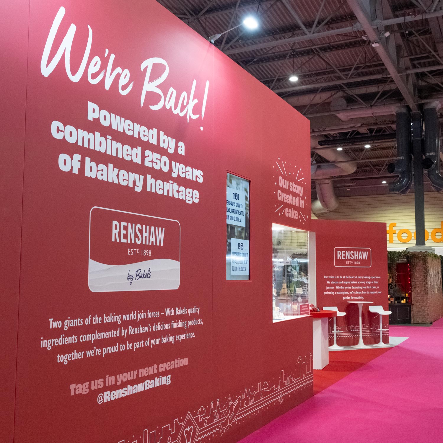 Renshaw Ready to Roll Marzipan retail floor stand showing the full range neatly merchandised on branded red shelving