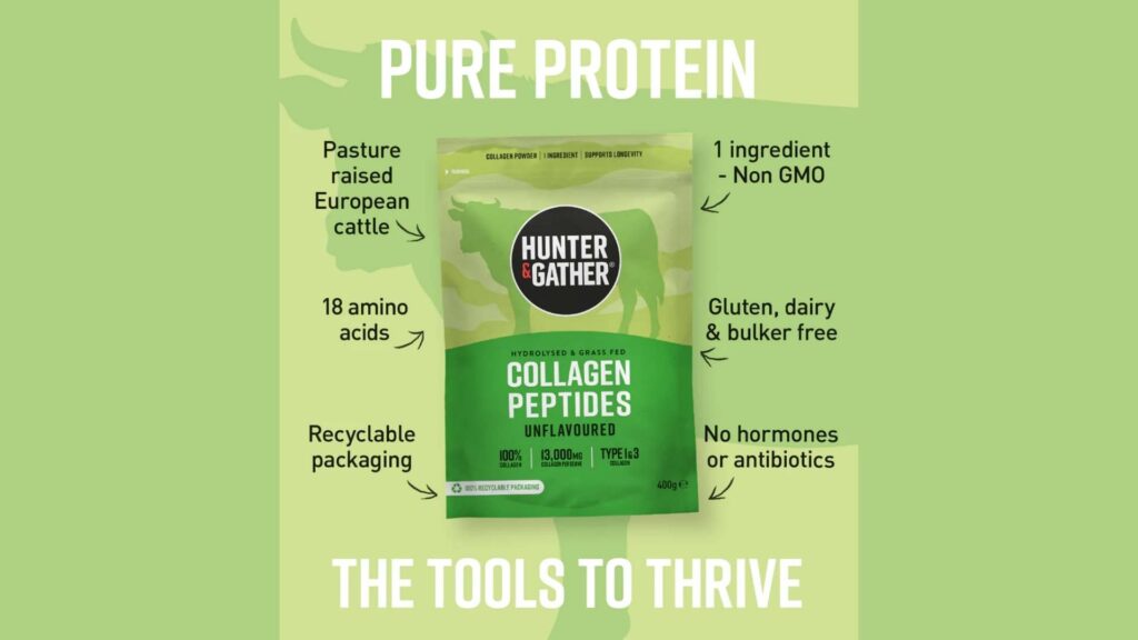 A green pouch of Hunter & Gather collagen peptides on a natural green background with “Pure Protein” and benefit claims.