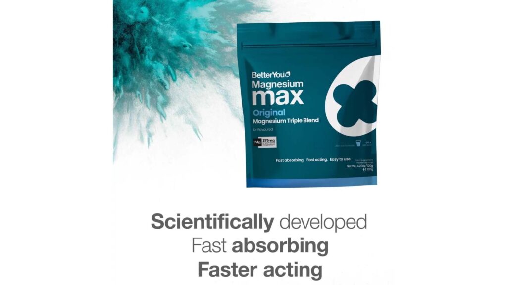 A turquoise BetterYou magnesium product pouch with vibrant ink splash design and “scientifically developed” label.