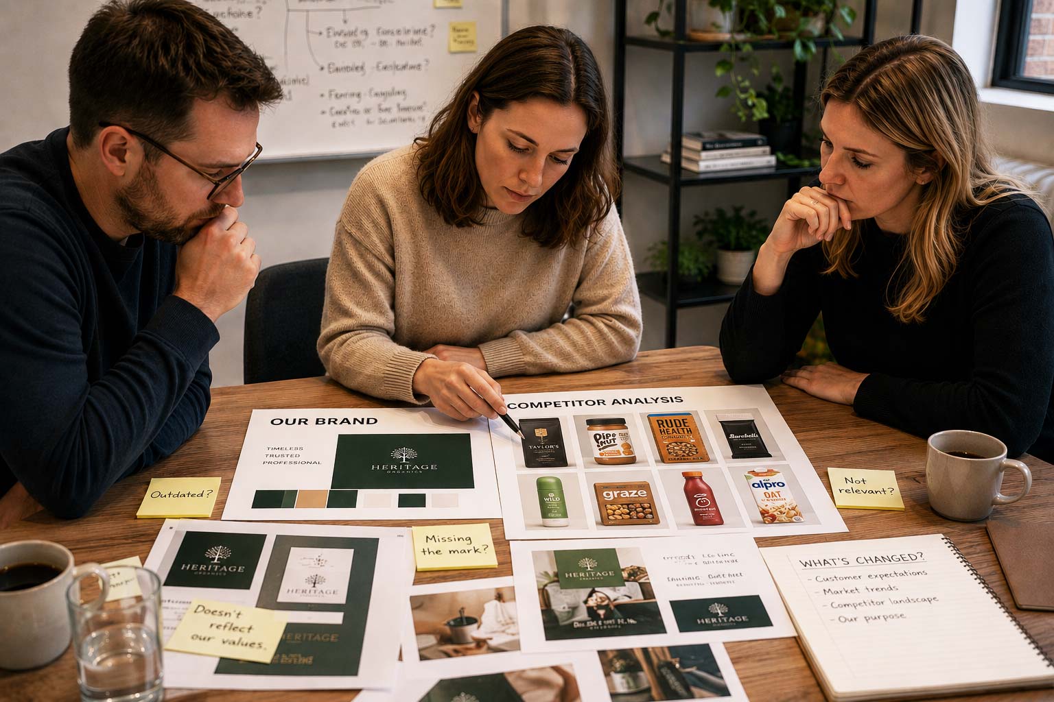 Three people sit at a table reviewing brand and competitor analysis materials, with notes, coffee mugs, and printed documents spread out in front of them. Goulding Media
