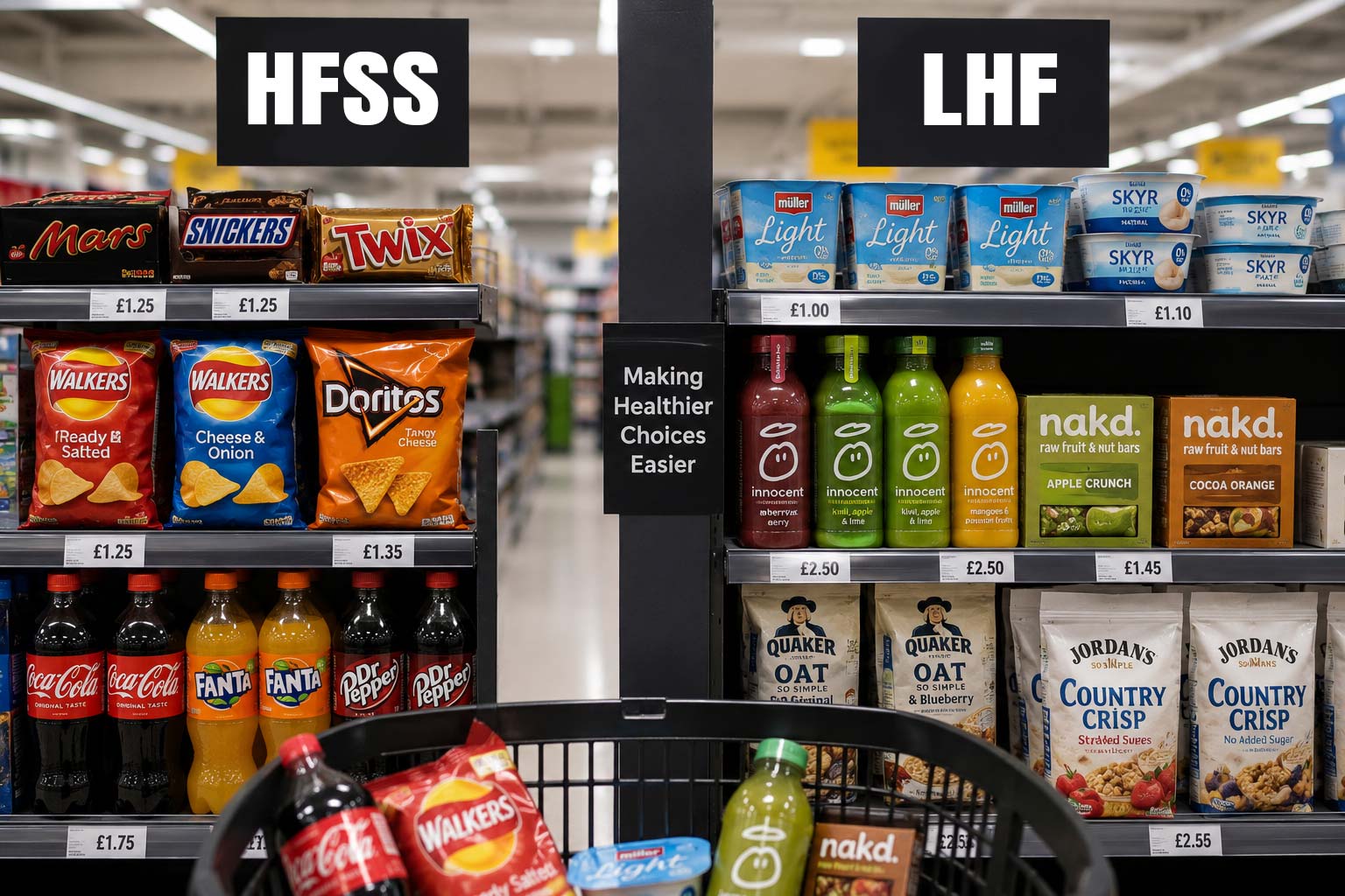 A supermarket aisle with two sections: HFSS foods like chocolate, crisps, and fizzy drinks on the left, and LHF items like light yoghurt, juice, and oats on the right. A sign reads “Making Healthier Choices Easier.”. Goulding Media