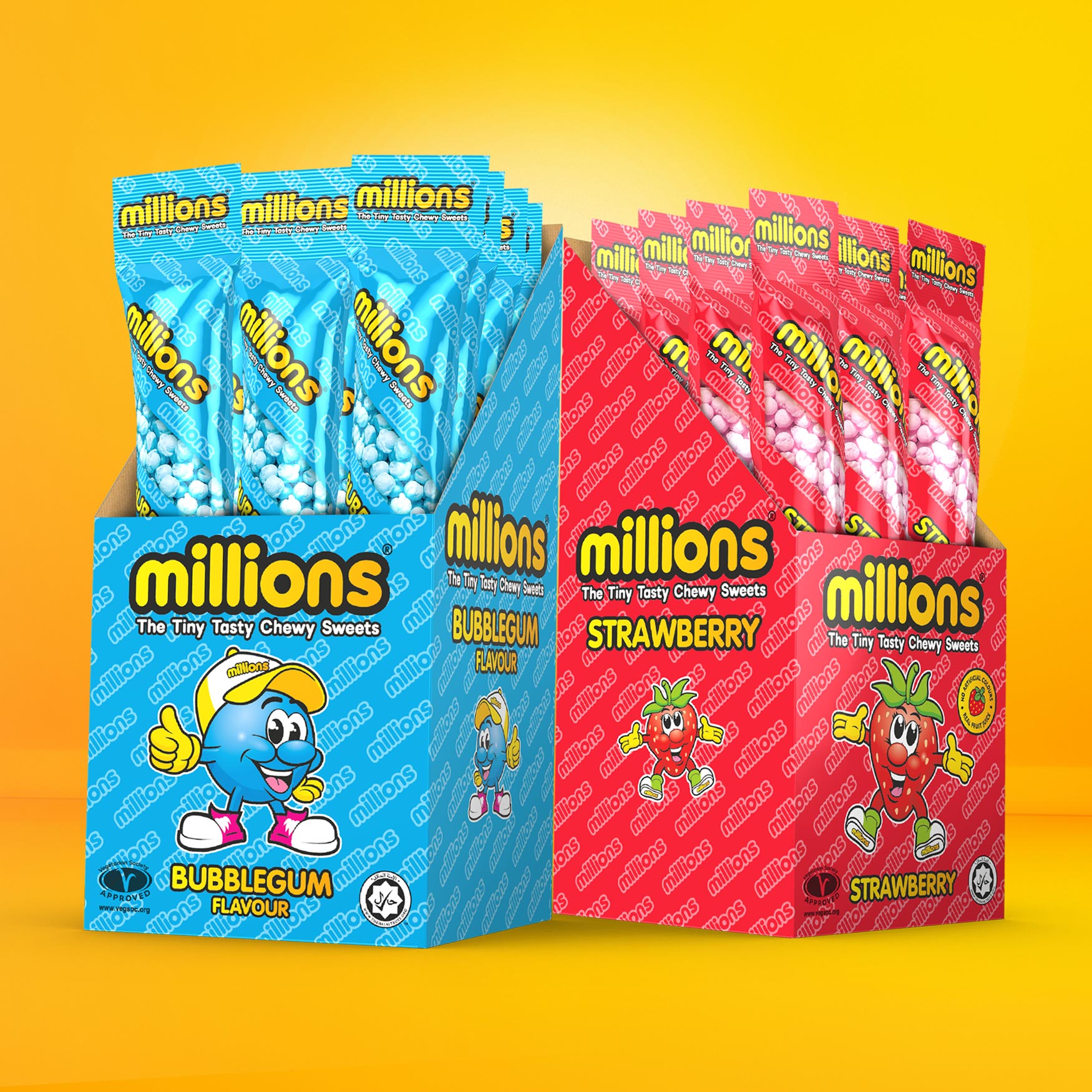Close-up FMCG packaging design of Millions sweets display boxes showing strong shelf impact and branding