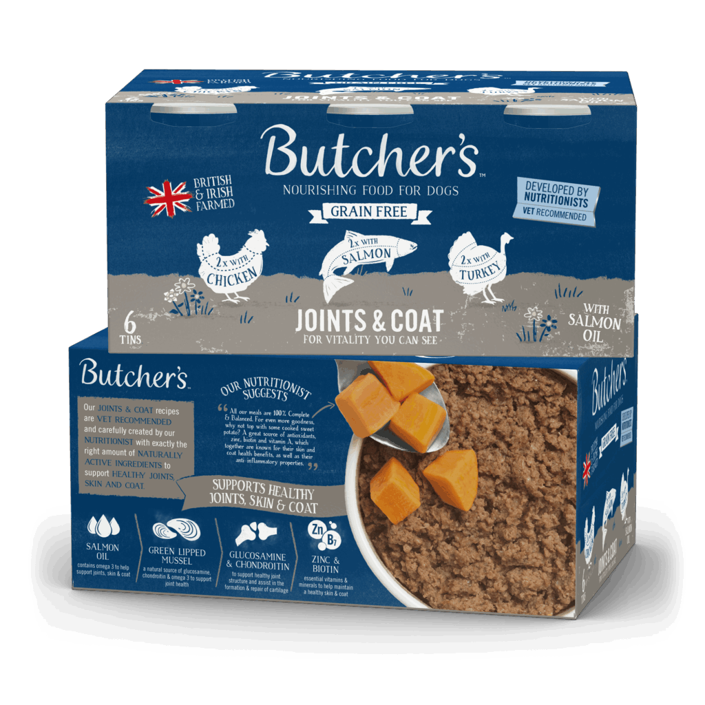 After redesign: Butcher’s grain free dog food multipack packaging for joints and coat health