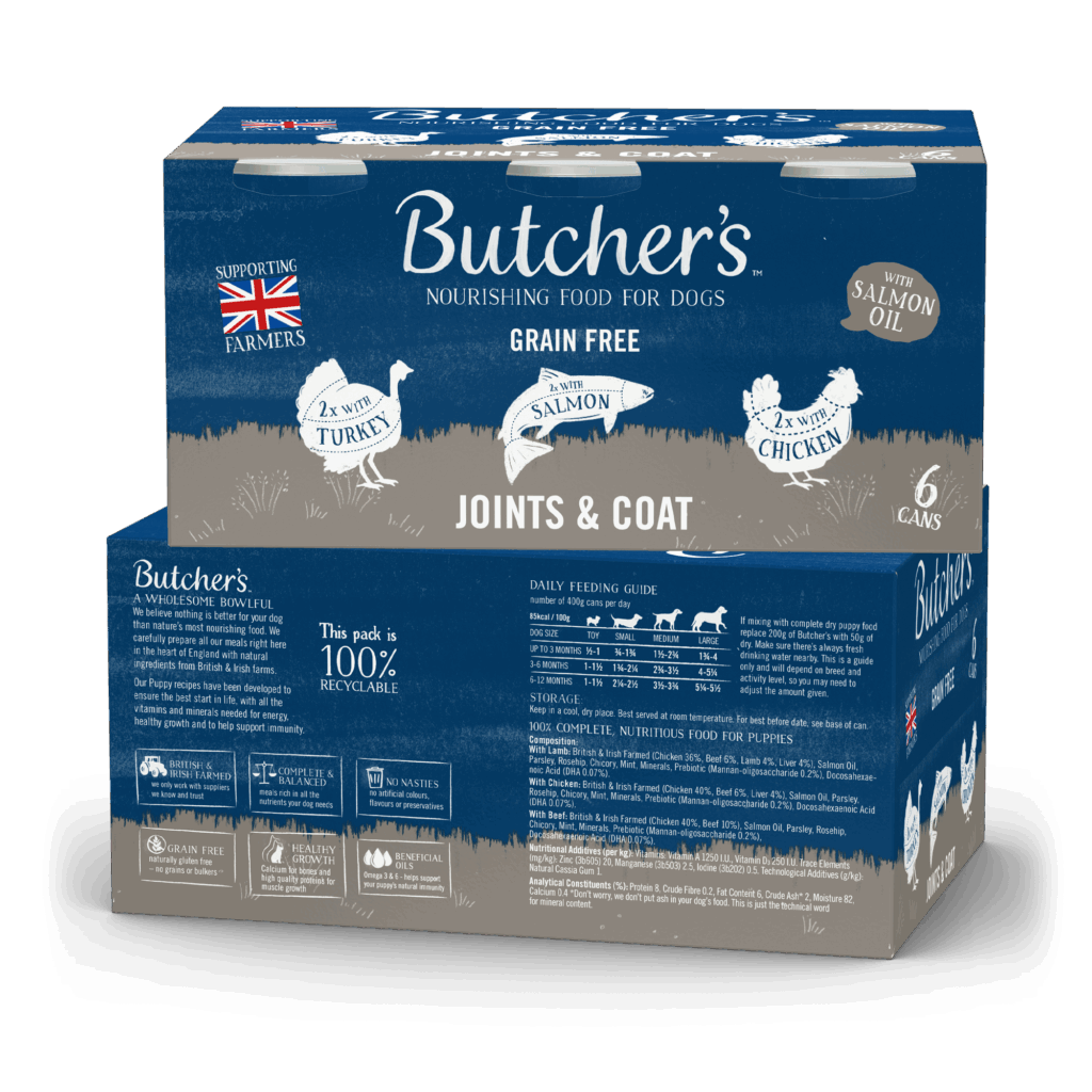Before redesign: Butcher’s joints & coat grain free dog food multipack packaging for joints and coat health