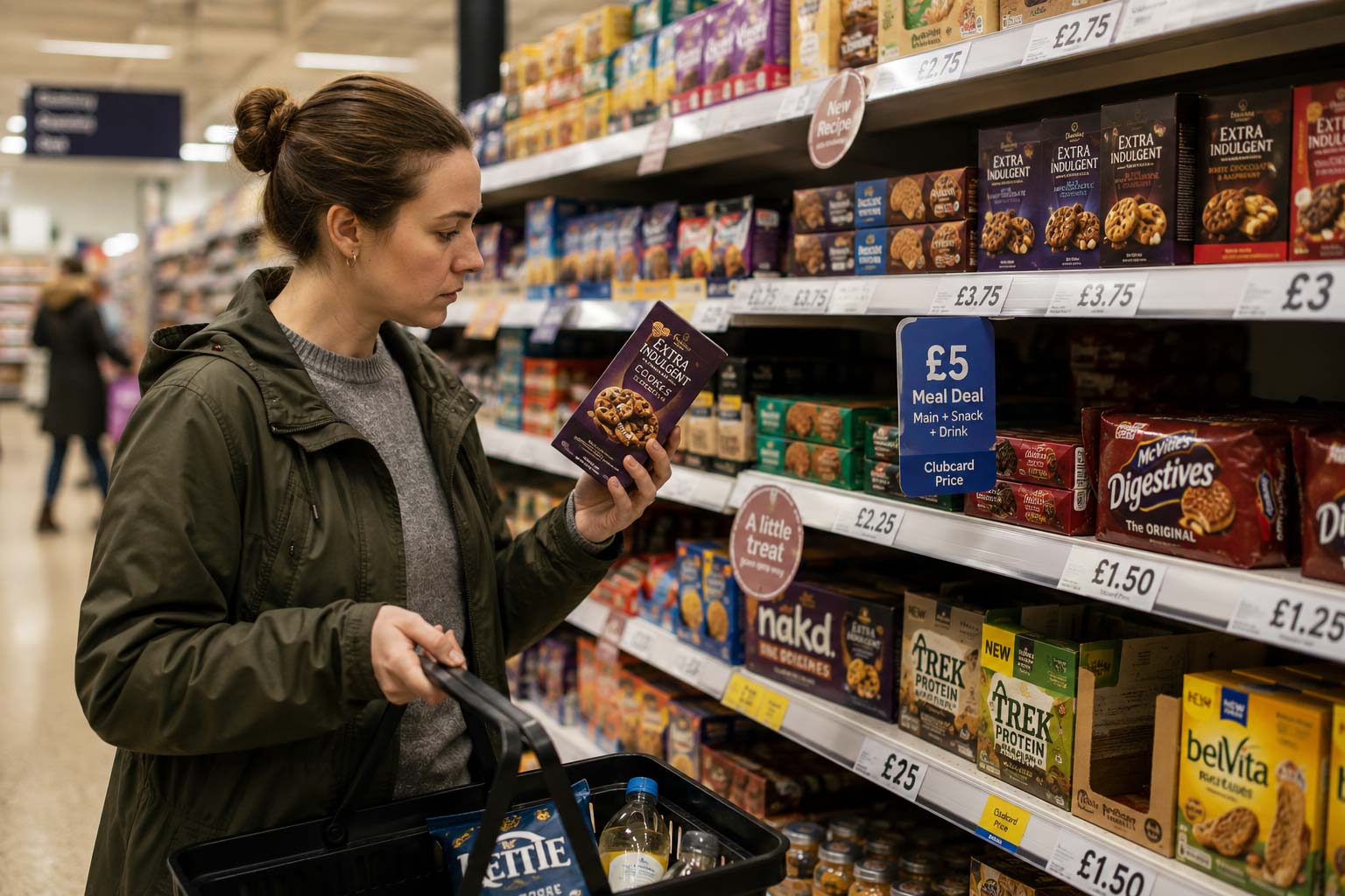 A woman holding a shopping basket examines a box of cereal bars in a supermarket aisle lined with various snack products. Goulding Media
