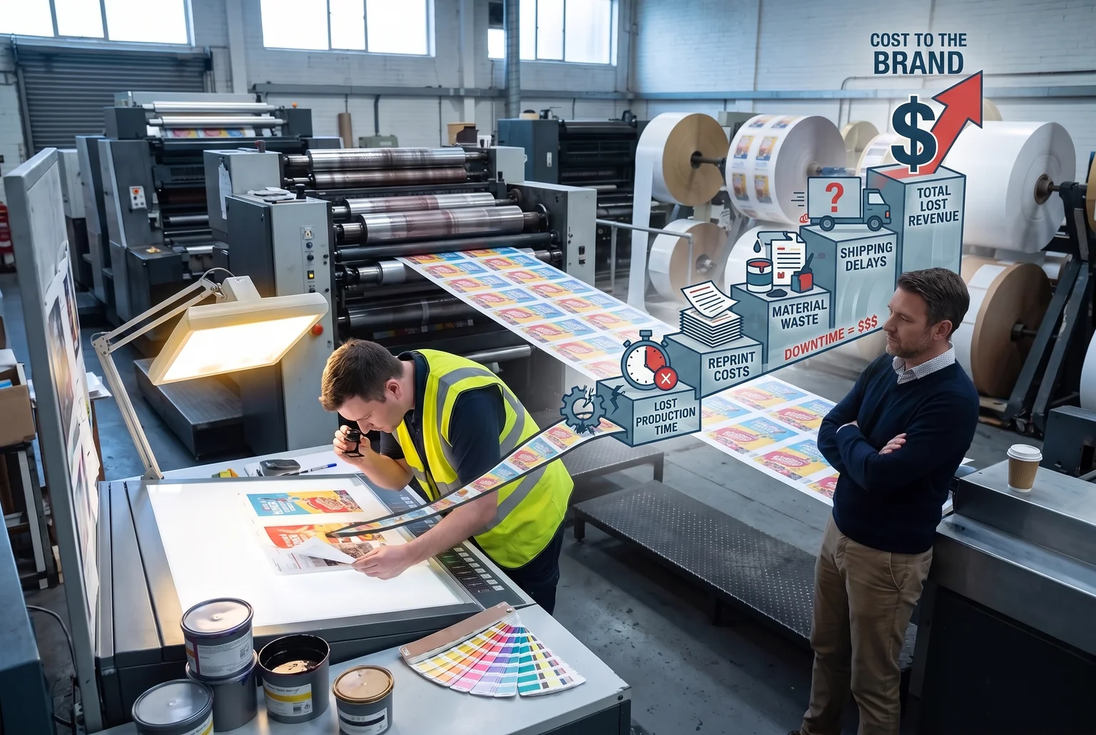 Two men reviewing a printed proof at a packaging press, with icons showing the hidden packaging redesign costs: lost revenue, shipping delays and reprints.