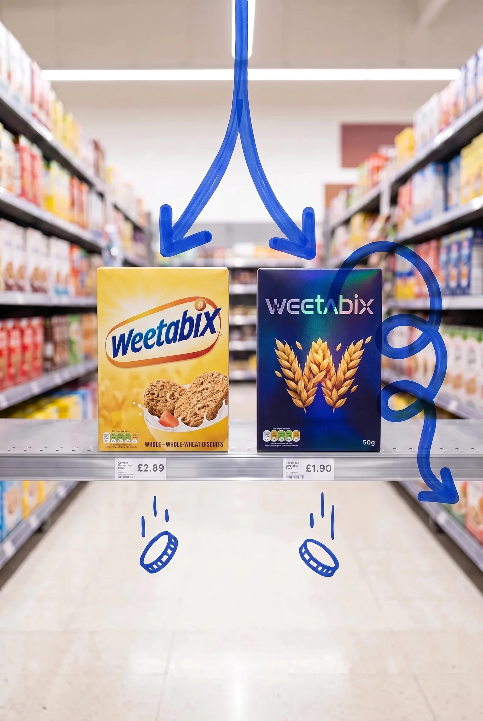 Two Weetabix boxes on a supermarket shelf with arrows highlighting the packaging change, illustrating a packaging refresh or rebrand decision