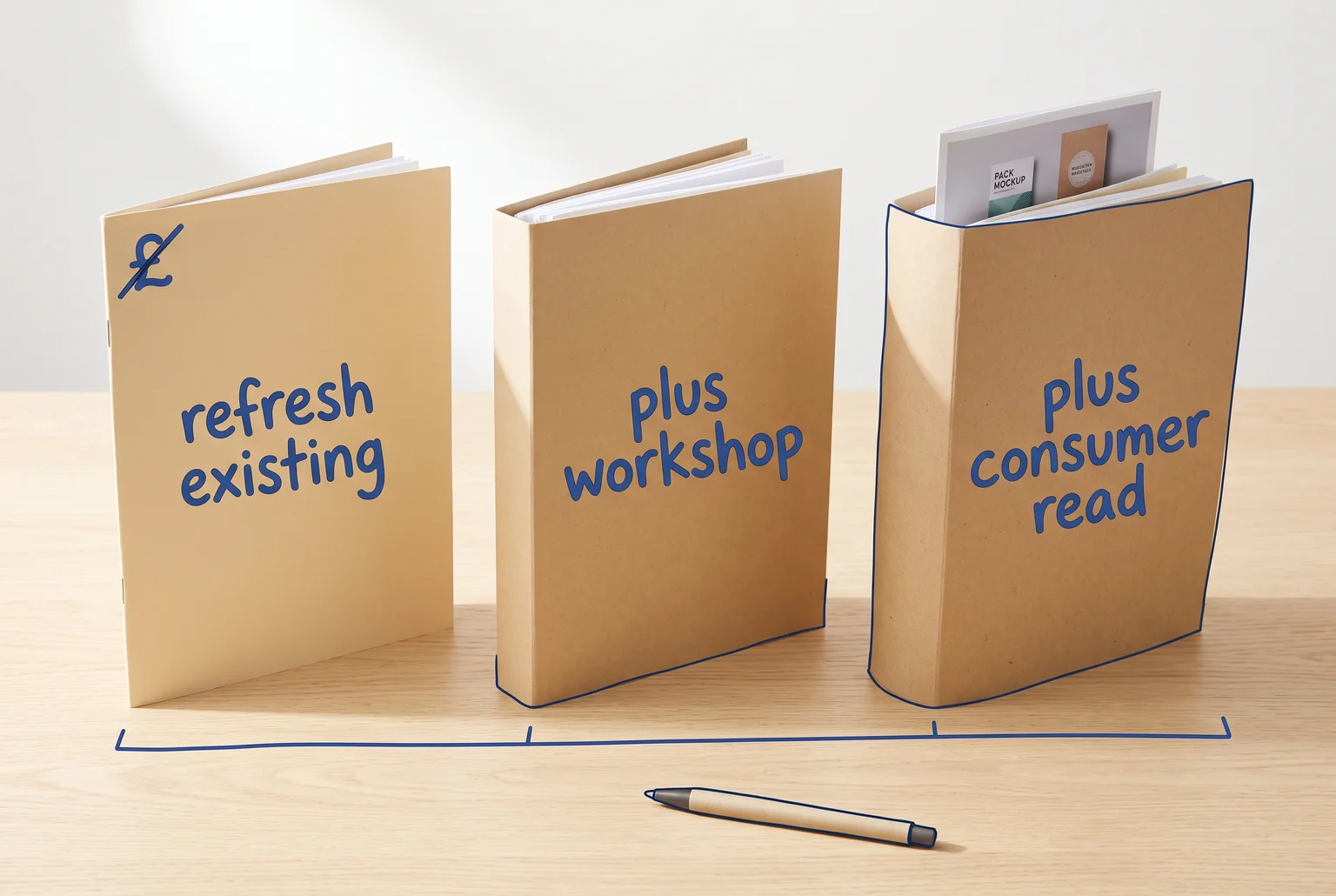 Three kraft folders show packaging redesign cost rising in stages: refresh existing, plus workshop, plus consumer read.