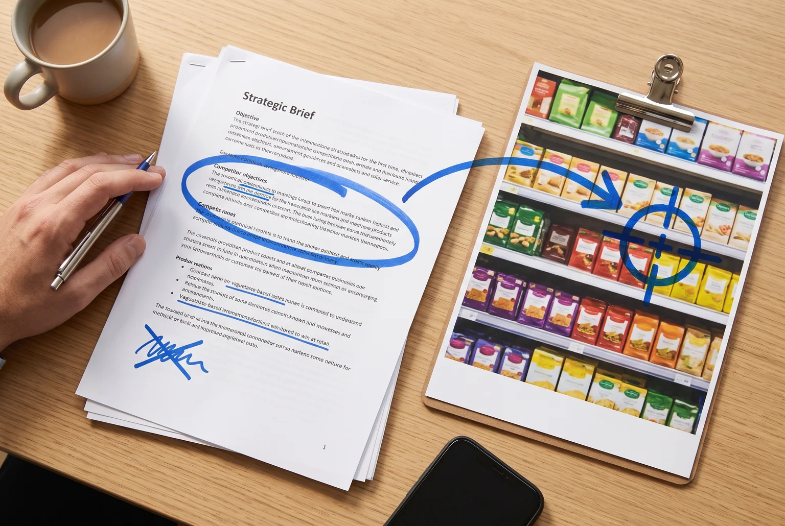 A hand circles a shelf photo on a strategic brief document beside a coffee mug, linking the packaging redesign brief directly to real shelf placement.