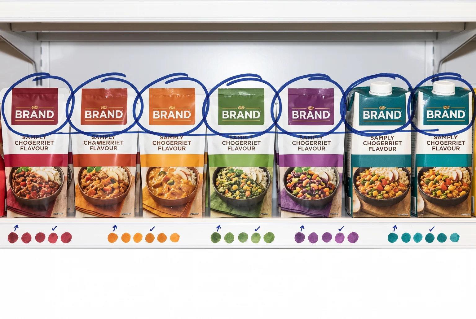 A shelf of packets and cartons with the BRAND logo circled on each flavour, showing the fixed brand block a packaging redesign keeps locked.