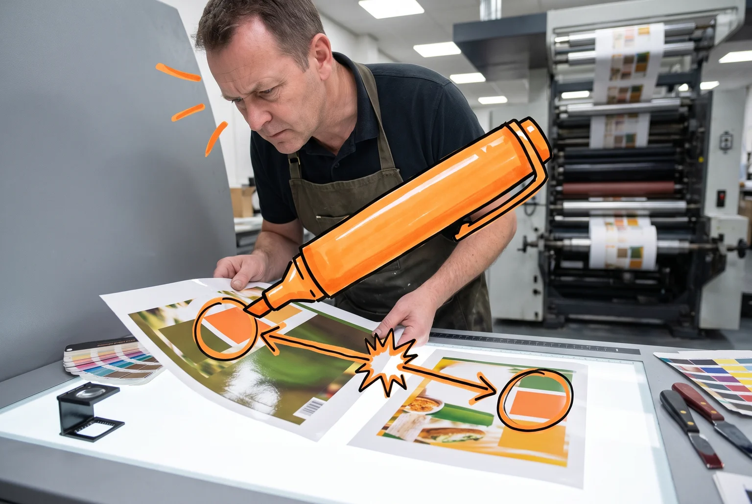 A press operator checks a printed proof under a loupe, marker circling a colour mismatch caught during the packaging redesign press check.