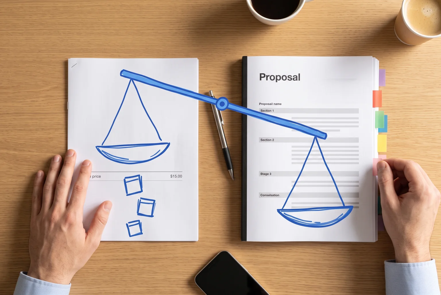 An illustrated scale tips toward a thick Proposal document over a thin quote, showing how packaging redesign cost hides in the scope, not the price.