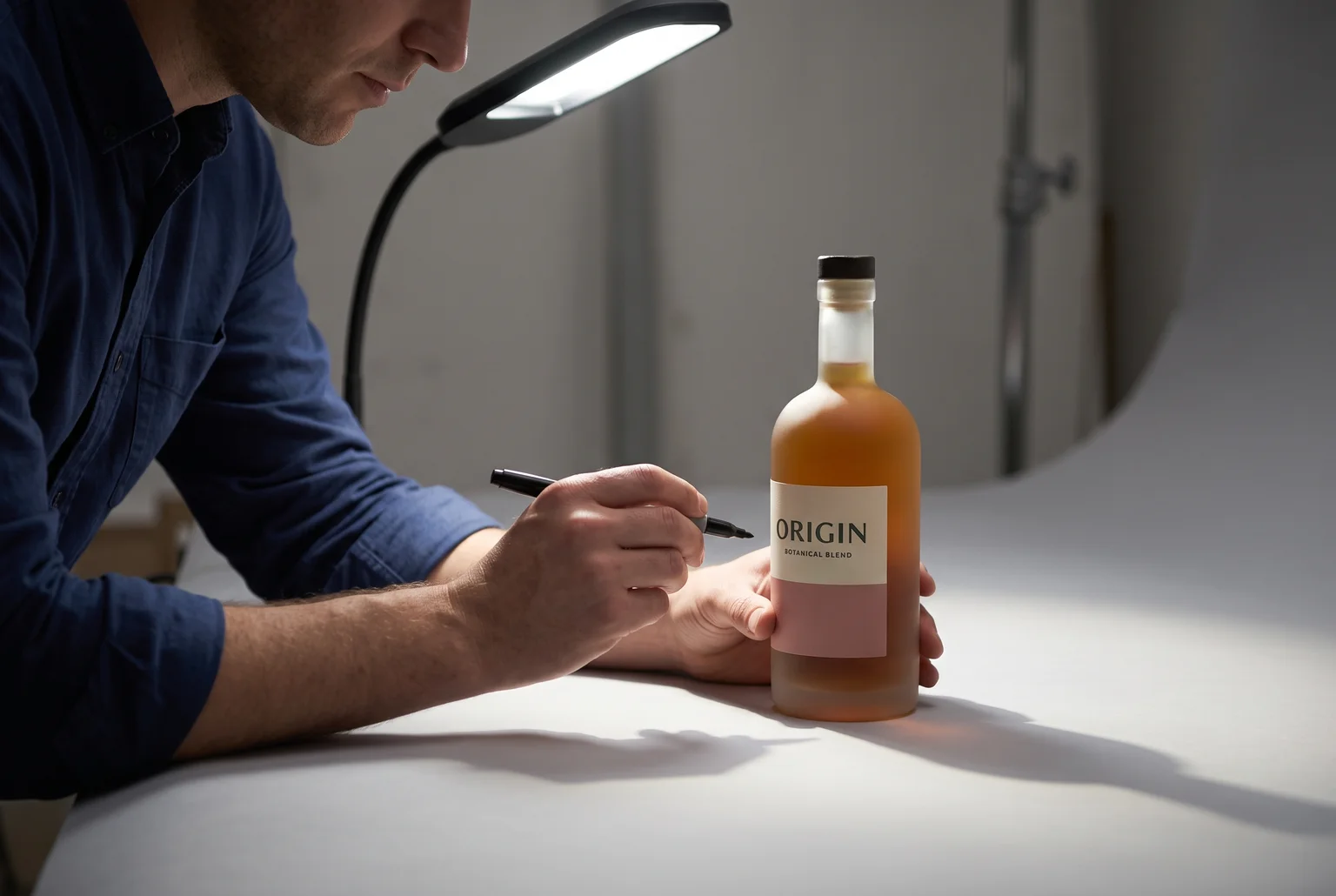 Packaging designer reviewing an ORIGIN bottle label during a packaging refresh or rebrand project