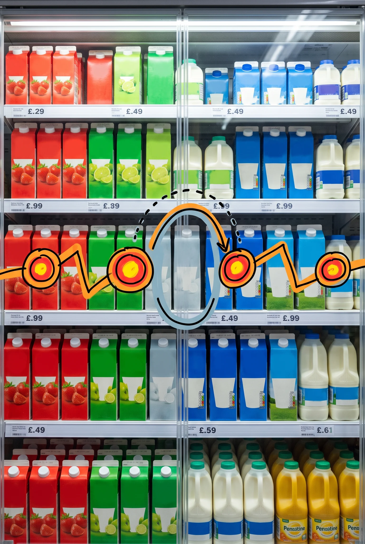 Eye-tracking overlay on a supermarket drinks fridge showing shoppers' gaze skipping faded packaging, a signal for a packaging refresh or rebrand