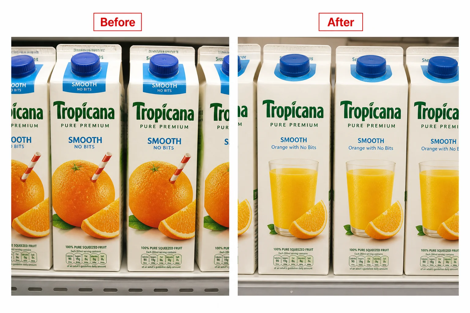 At shopper distance the straw-in-an-orange jumps out while the redesigned pack disappears into the shelf, which is exactly how a recognition cue turns into lost revenue.