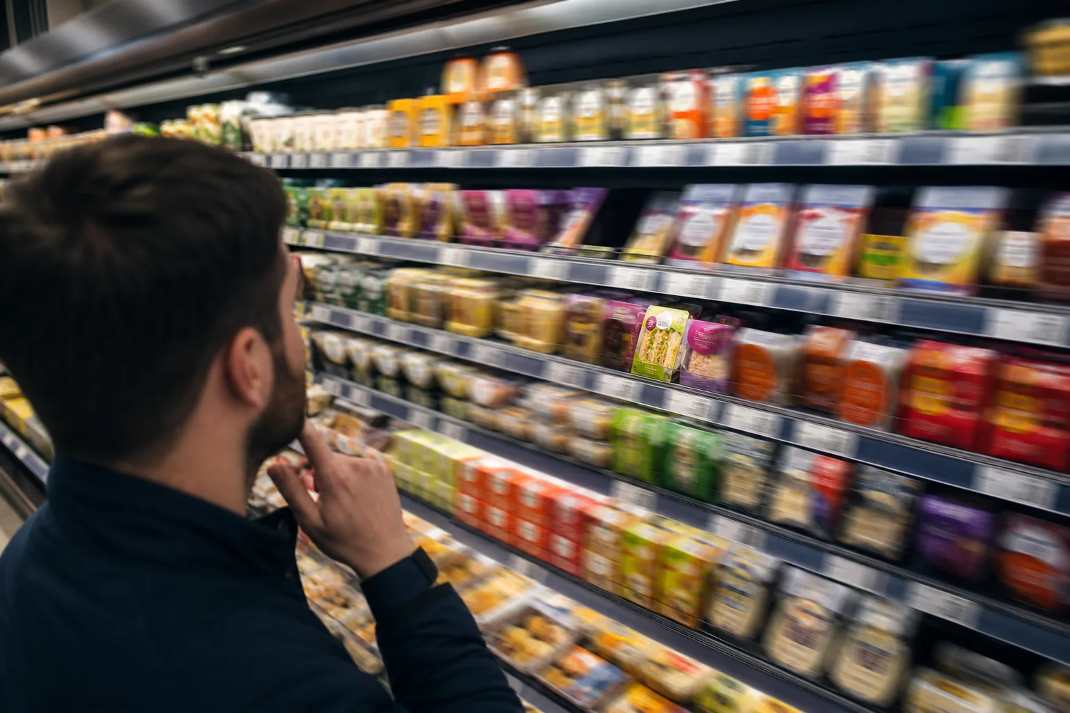 A person stands in front of a supermarket refrigerated section, thoughtfully looking at various packaged food items displayed on the shelves. Goulding Media
