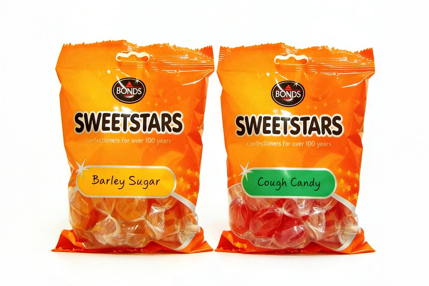 Original Bonds Sweetstars packaging design featuring Barley Sugar and Cough Candy bags before redesign by Goulding Media