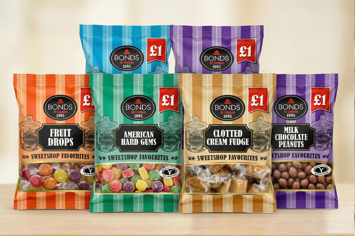 Bonds Sweetshop Favourites redesigned packaging range including Fruit Drops, American Hard Gums, Clotted Cream Fudge, Mint Humbugs and Milk Chocolate Peanuts