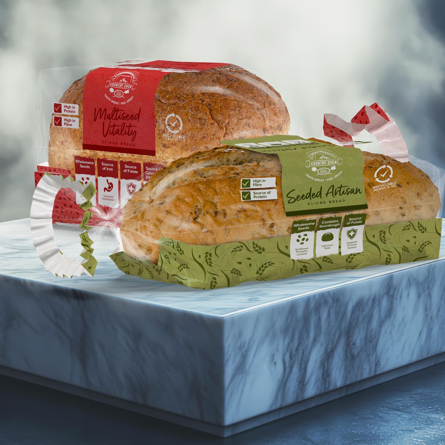 Artisan Bread & Multiseed Vitality Bread in recyclable packaging