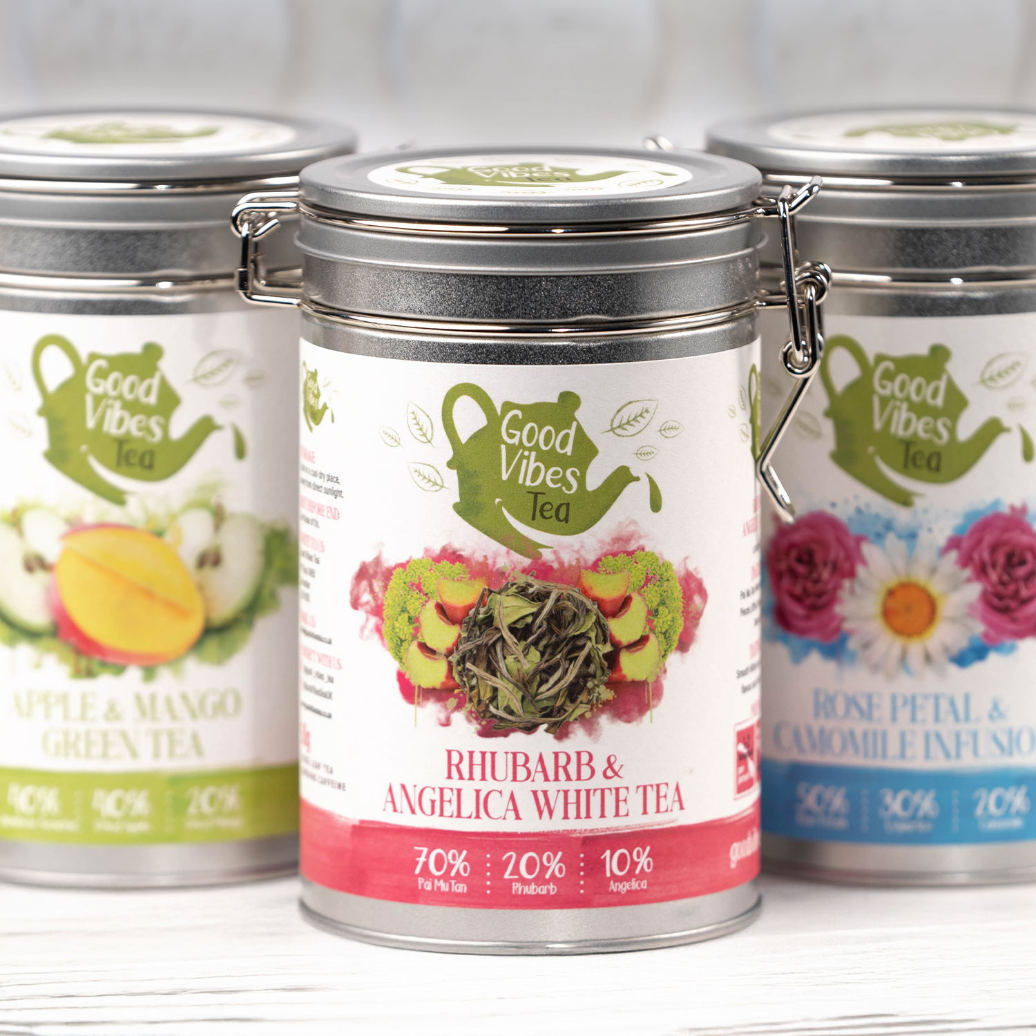 Three Good Vibes Tea sustainable Packaging Metal Reusable Tins