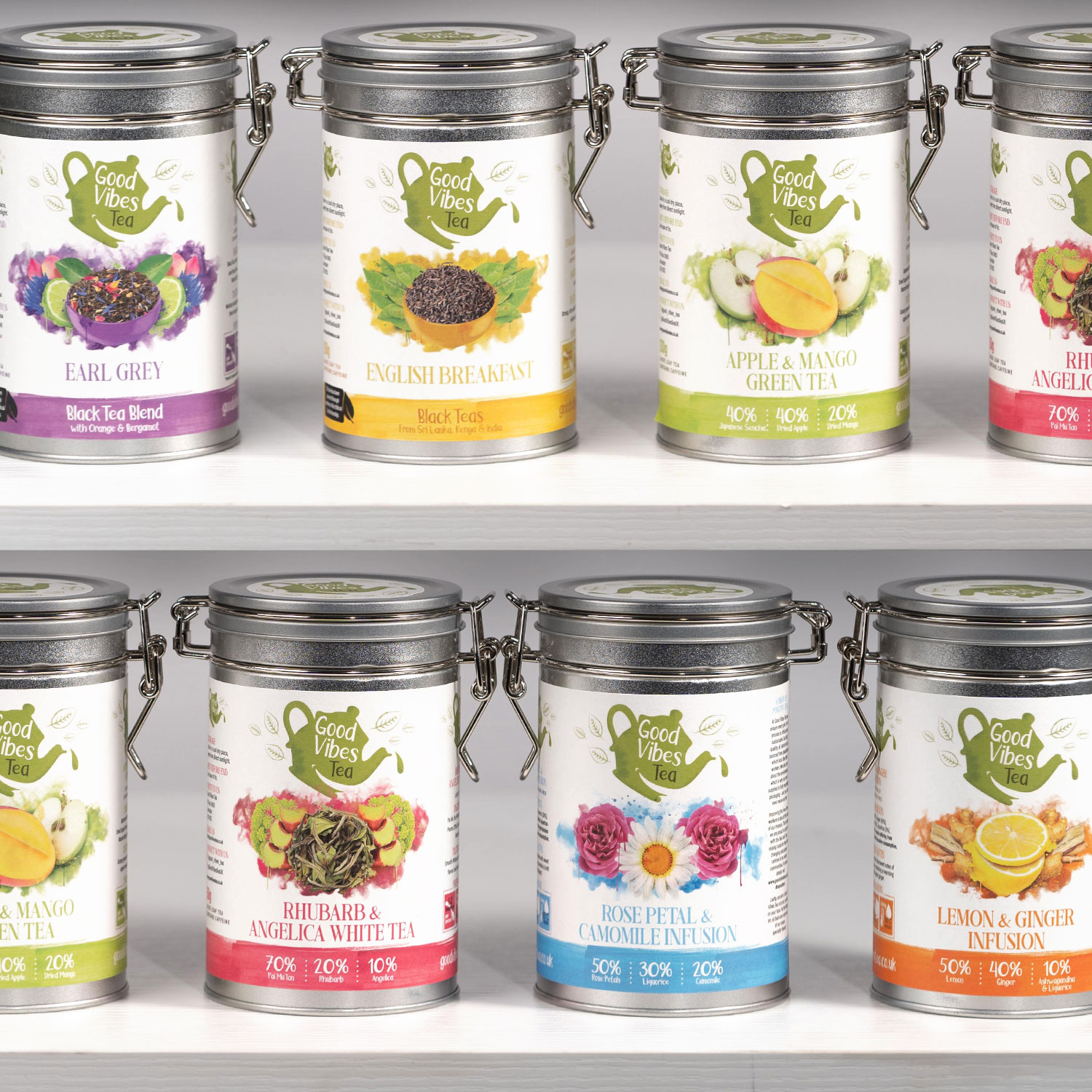 Good Vibes Tea sustainable Packaging Metal Reusable Tins in a large lineup on shelves