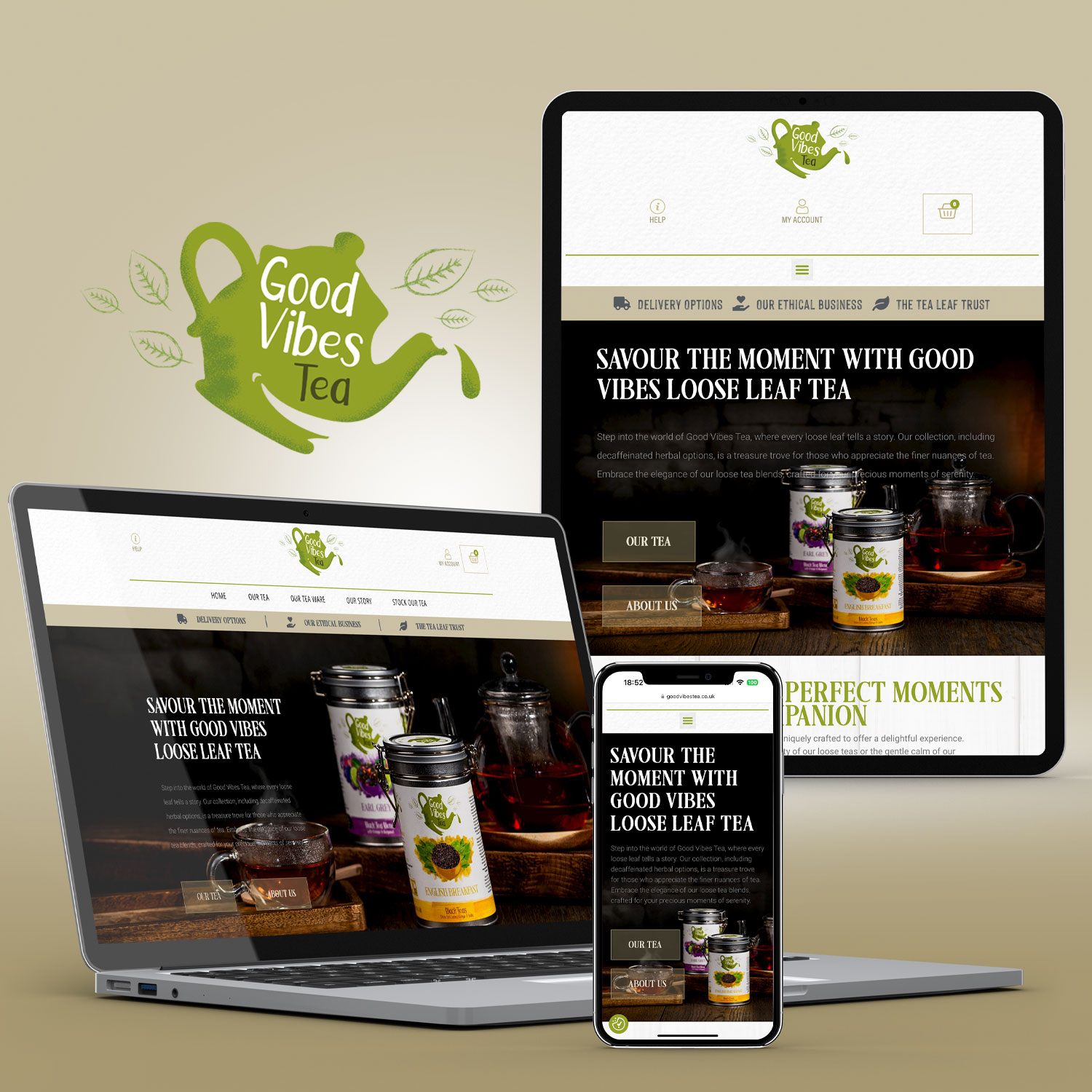 Good Vibes Tea website on a desktop, tablet and mobile phone. Responsive web design by Goulding Media Ltd