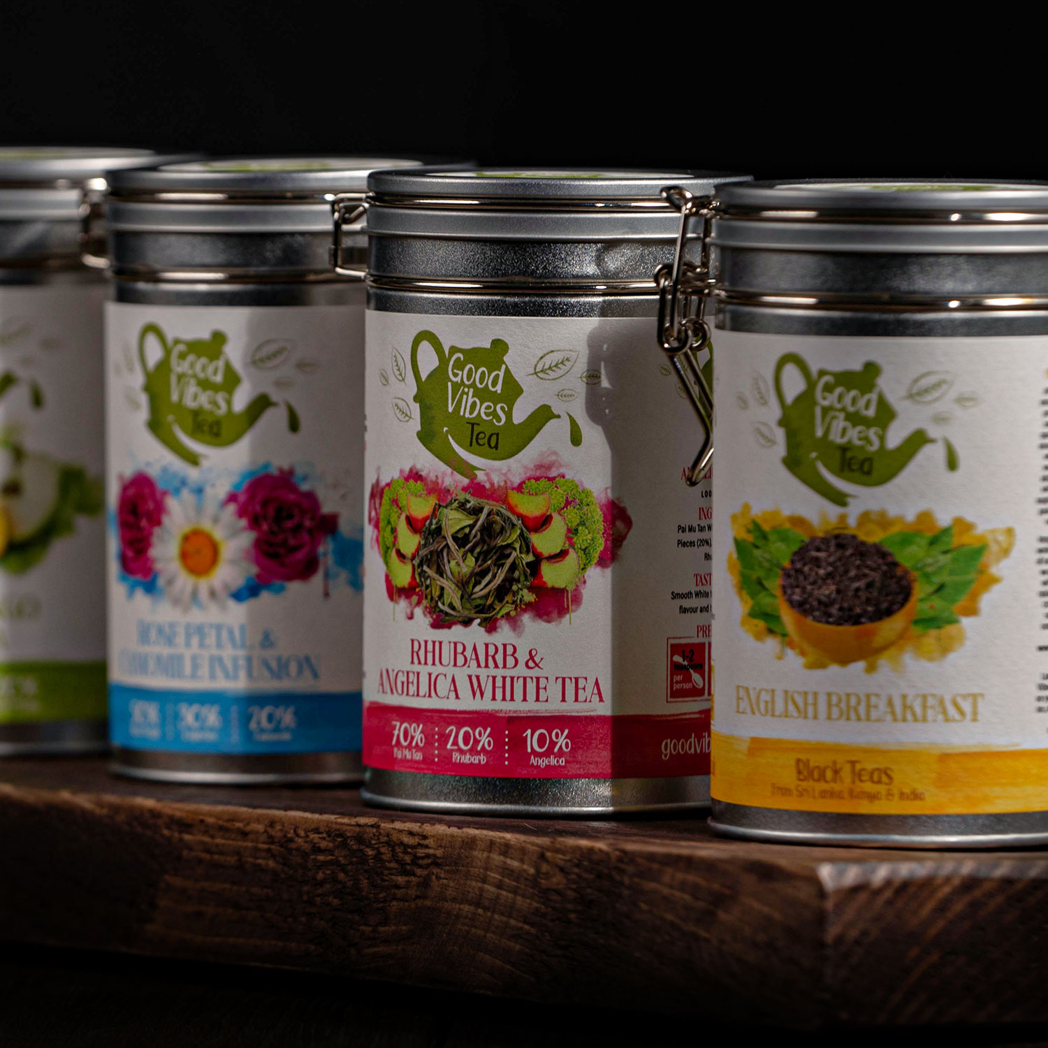 Good Vibes Tea sustainable Packaging Metal Reusable Tins in a product range lineup