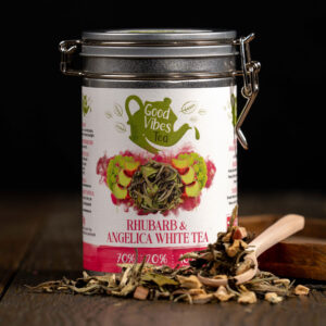 Good Vibes Tea Rhubarb & Angelica White Tea in sustainable packaging