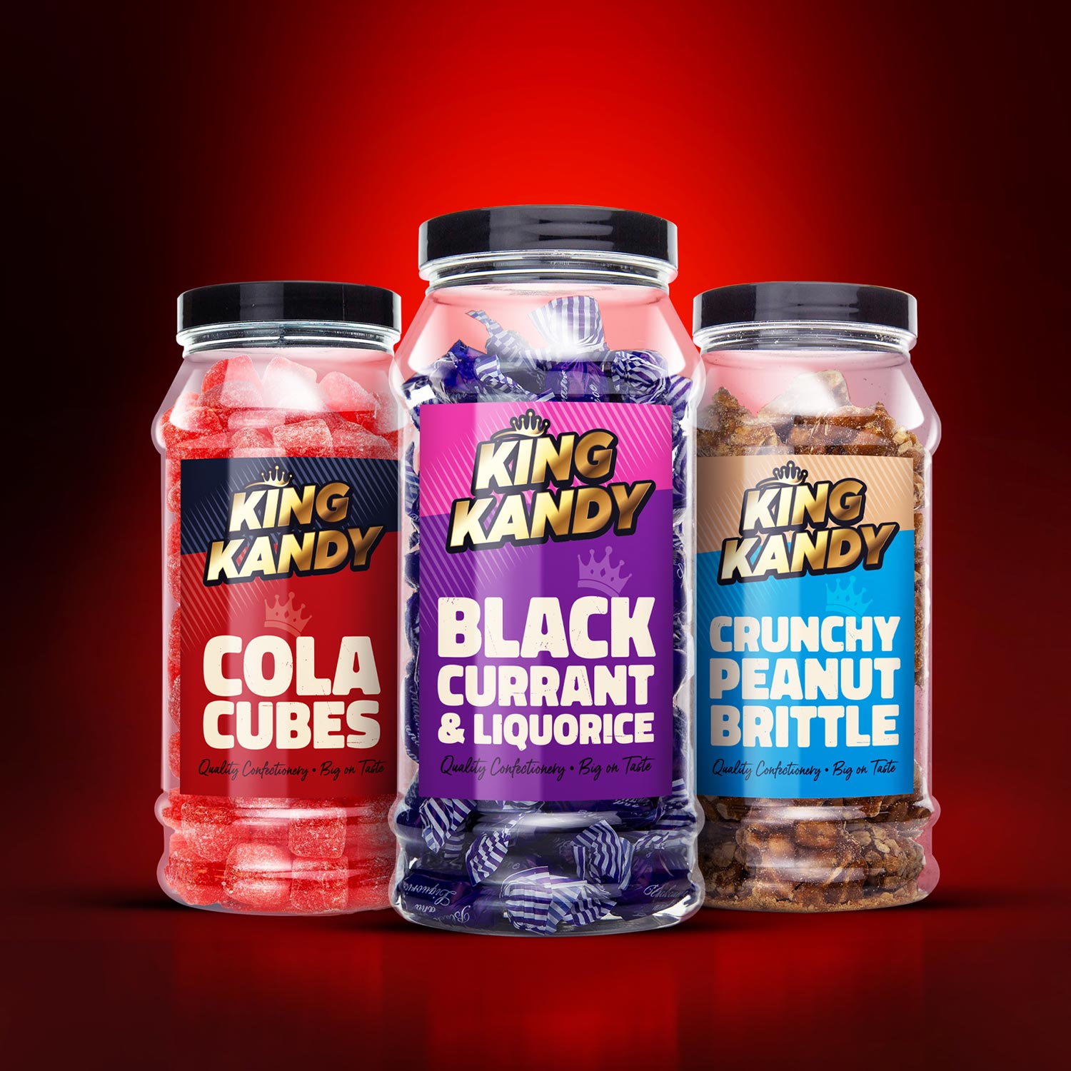 3 King Kandy Jars Premium Packaging on Red Luxury Background