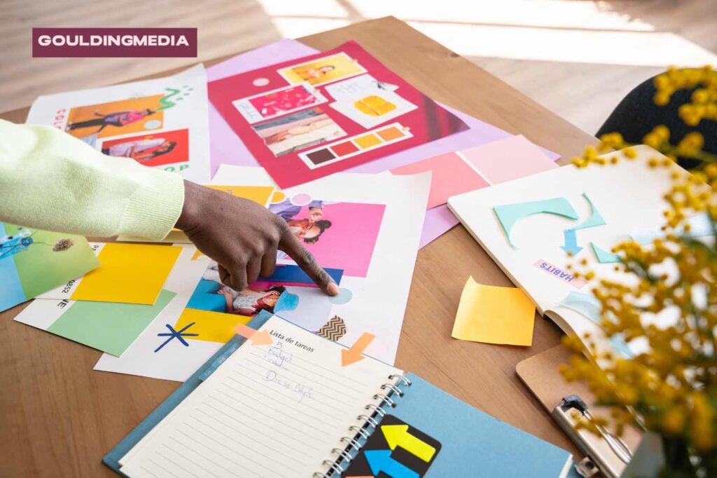 Designing packaging mockups with colored sheets and notes