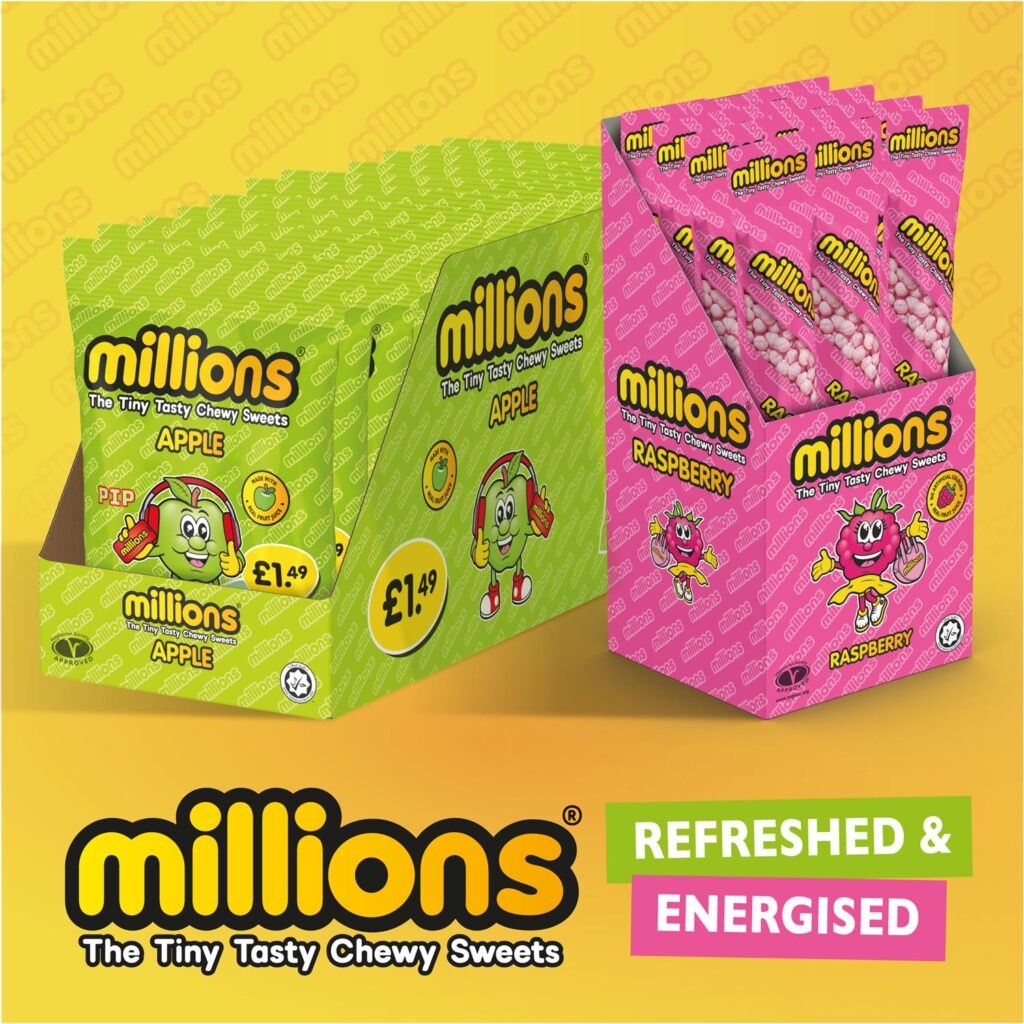 Brightly coloured packaging of Millions Apple and Raspberry chewy sweets designed by Goulding Media.