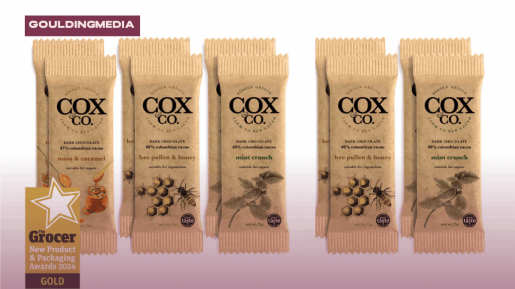 Cox & Co. dark chocolate bars in eco-friendly packaging featuring flavors like miso caramel, bee pollen & honey, and mint crunch.