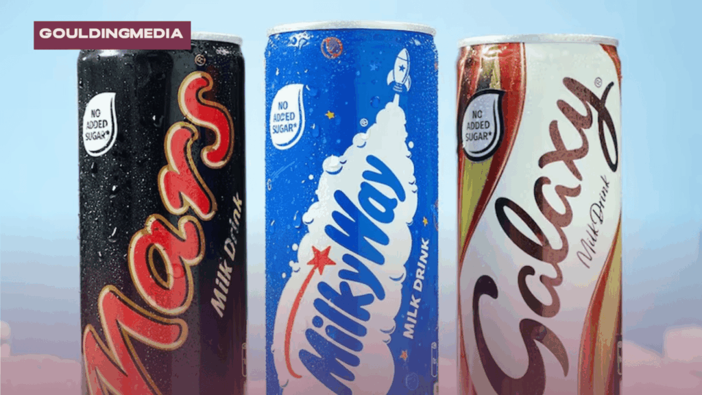 Chilled cans of Mars, Milky Way, and Galaxy milk drinks with no added sugar branding.